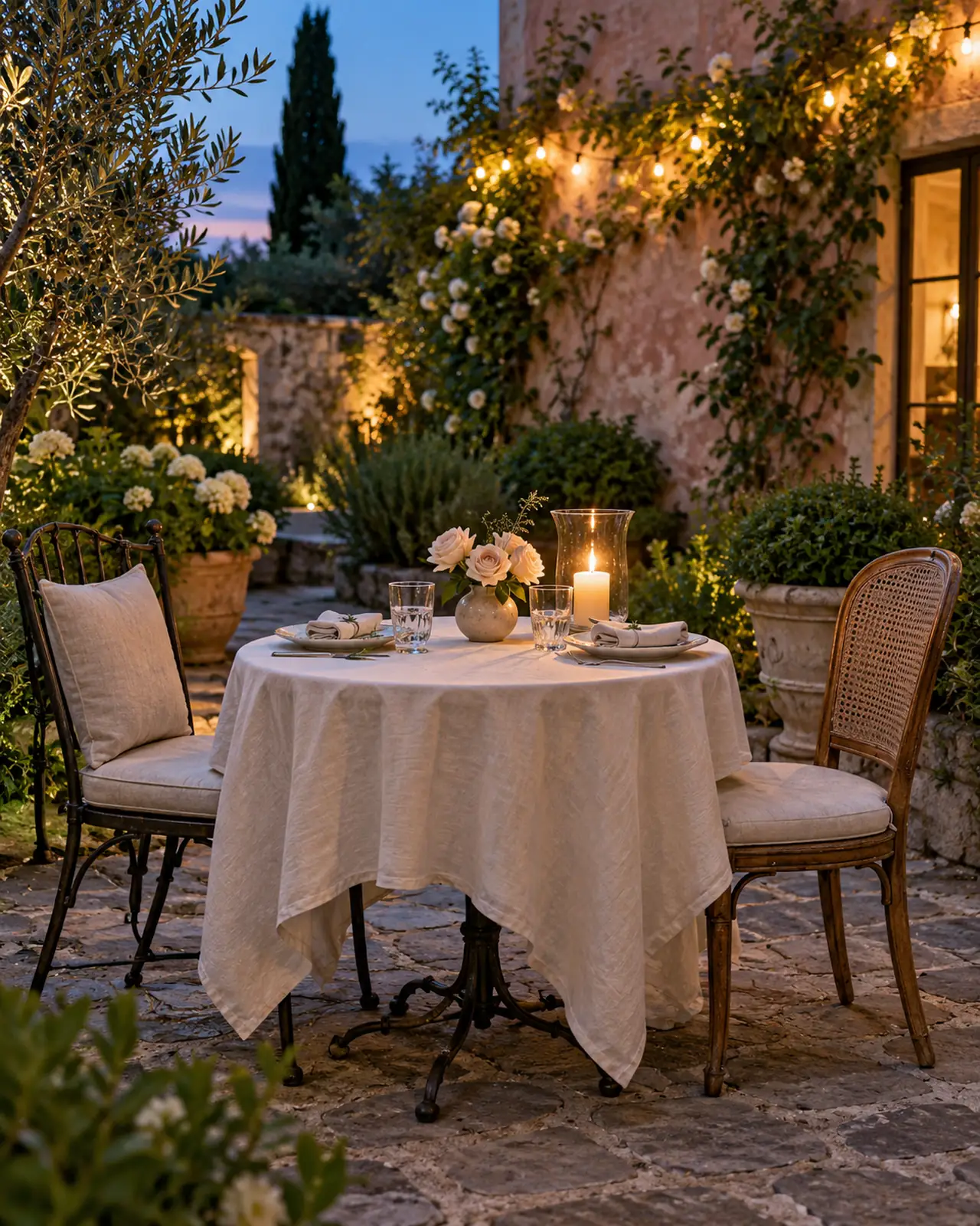 A candlelit garden table set for two beside blush roses and warm evening lights