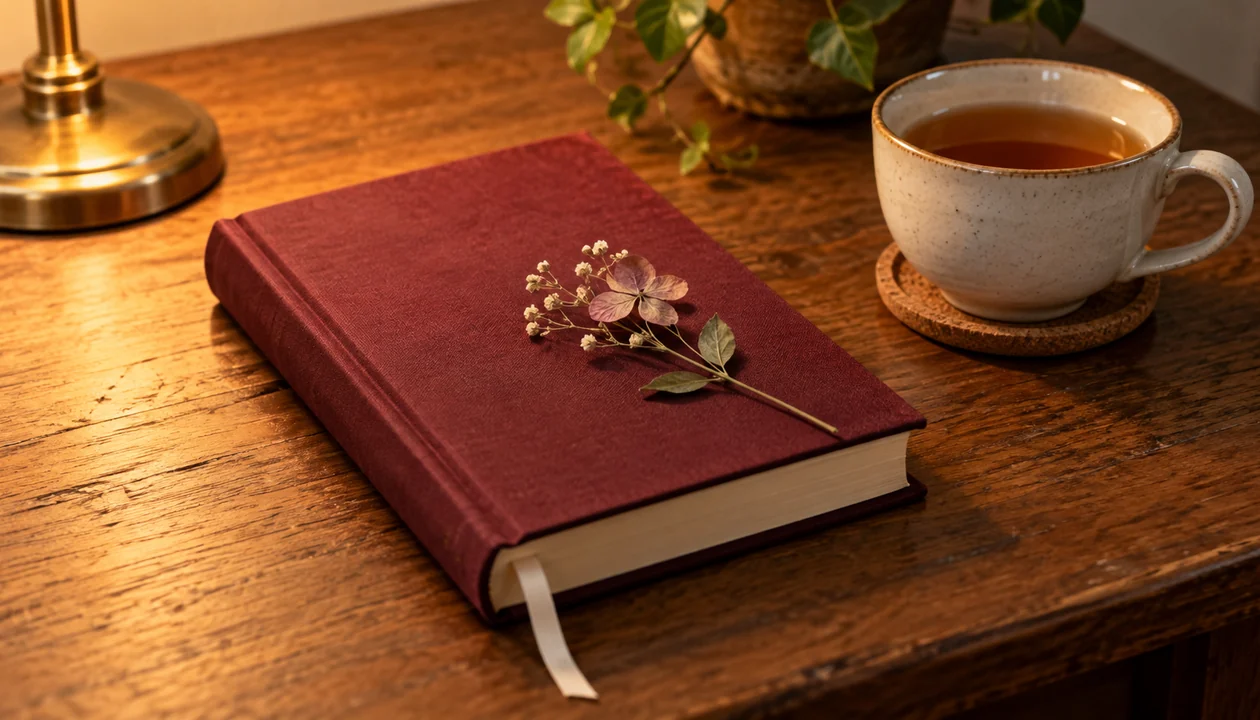 Closed burgundy poetry book with a pressed flower beside a cup of tea