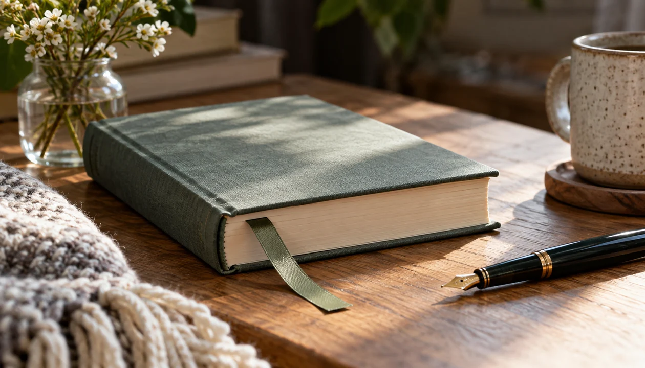 A plain ribbon bookmark tucked into a closed book beside a fountain pen