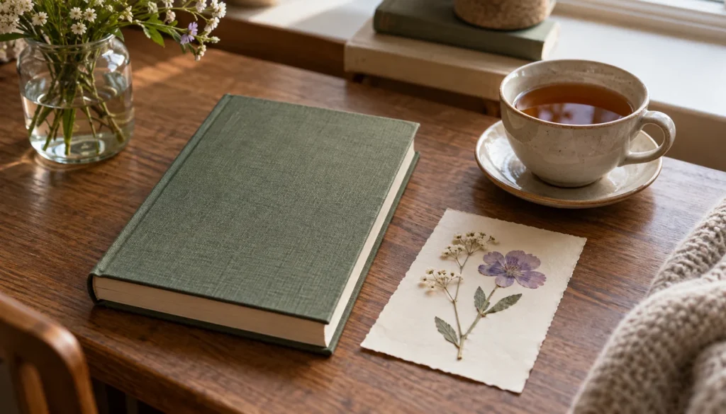 A closed clothbound poetry book beside a pressed flower and a tea cup