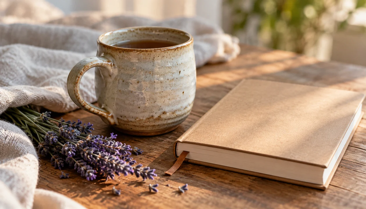 A handmade ceramic cup and an unmarked journal beside a sprig of lavender
