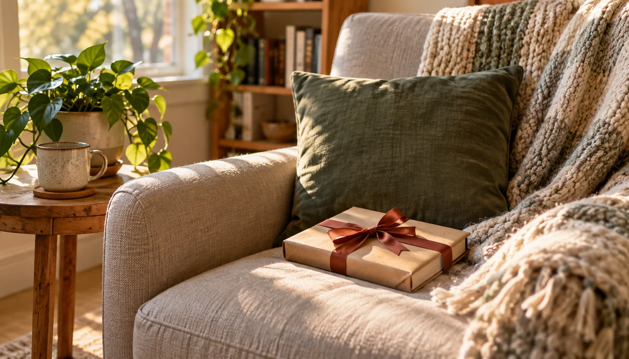 A small plant and a gift-wrapped book on a reading chair beside a wool throw