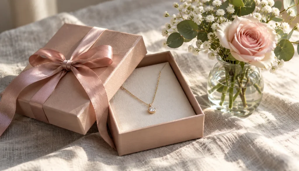 A ribbon-tied box with a delicate necklace and a small vase of flowers