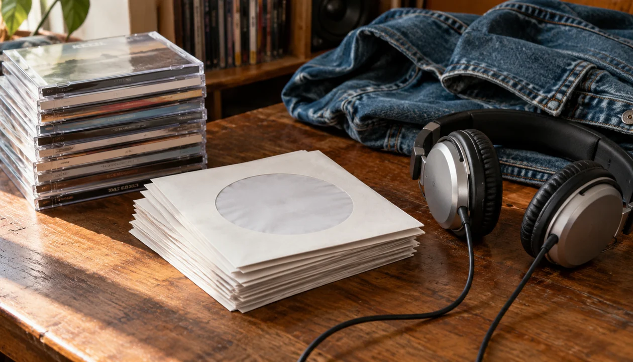 A stack of blank CD sleeves beside wired headphones and a folded denim jacket