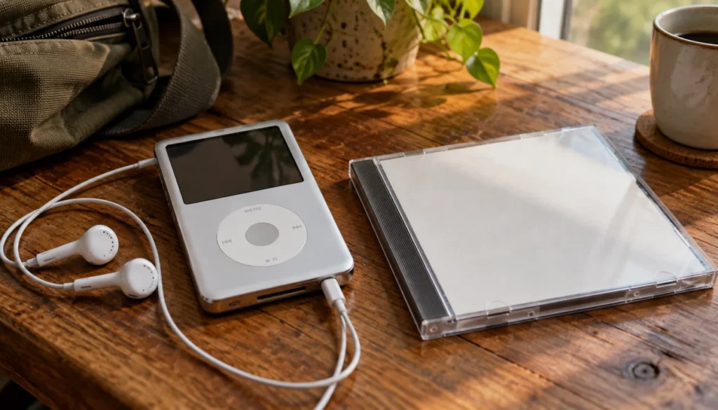 An early-2000s portable music player with a dark screen and wired earbuds beside a plain CD case