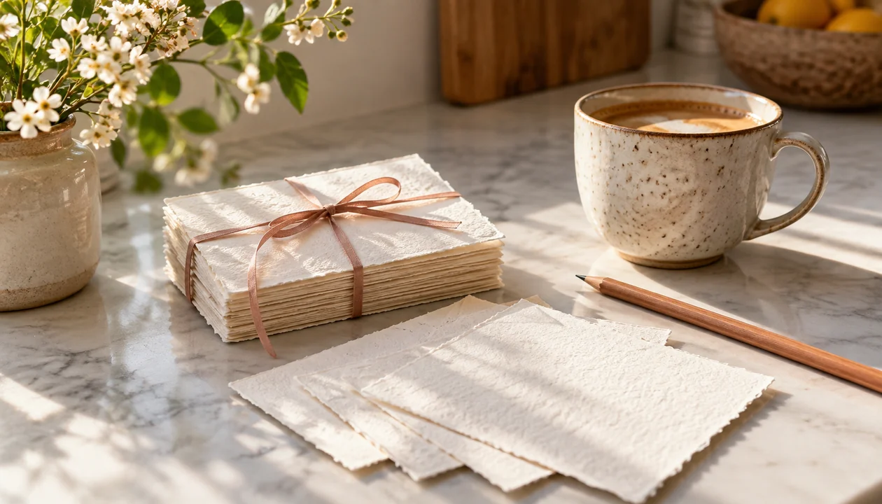 Stack of blank note cards tied with ribbon beside a pencil and coffee cup