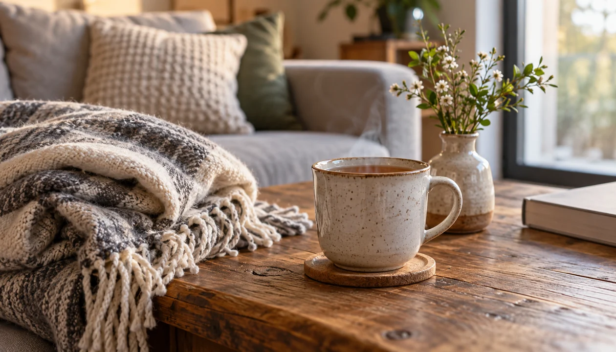 A warm cup of tea beside a folded blanket and a small vase
