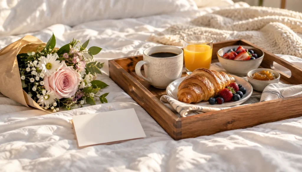 A small flower bouquet beside a homemade breakfast tray and a blank note