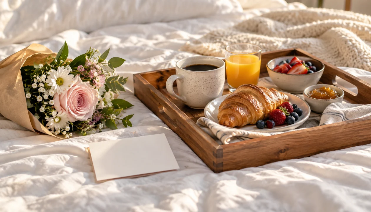 A small flower bouquet beside a homemade breakfast tray and a blank note