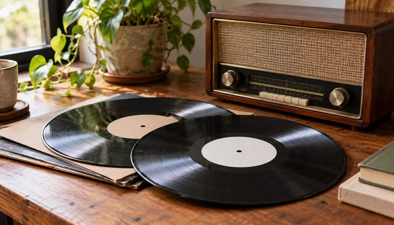 Two vinyl records with blank labels beside a small vintage radio