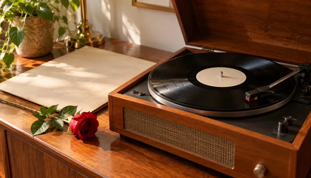 A vintage 1960s record player beside a plain record sleeve and a rose