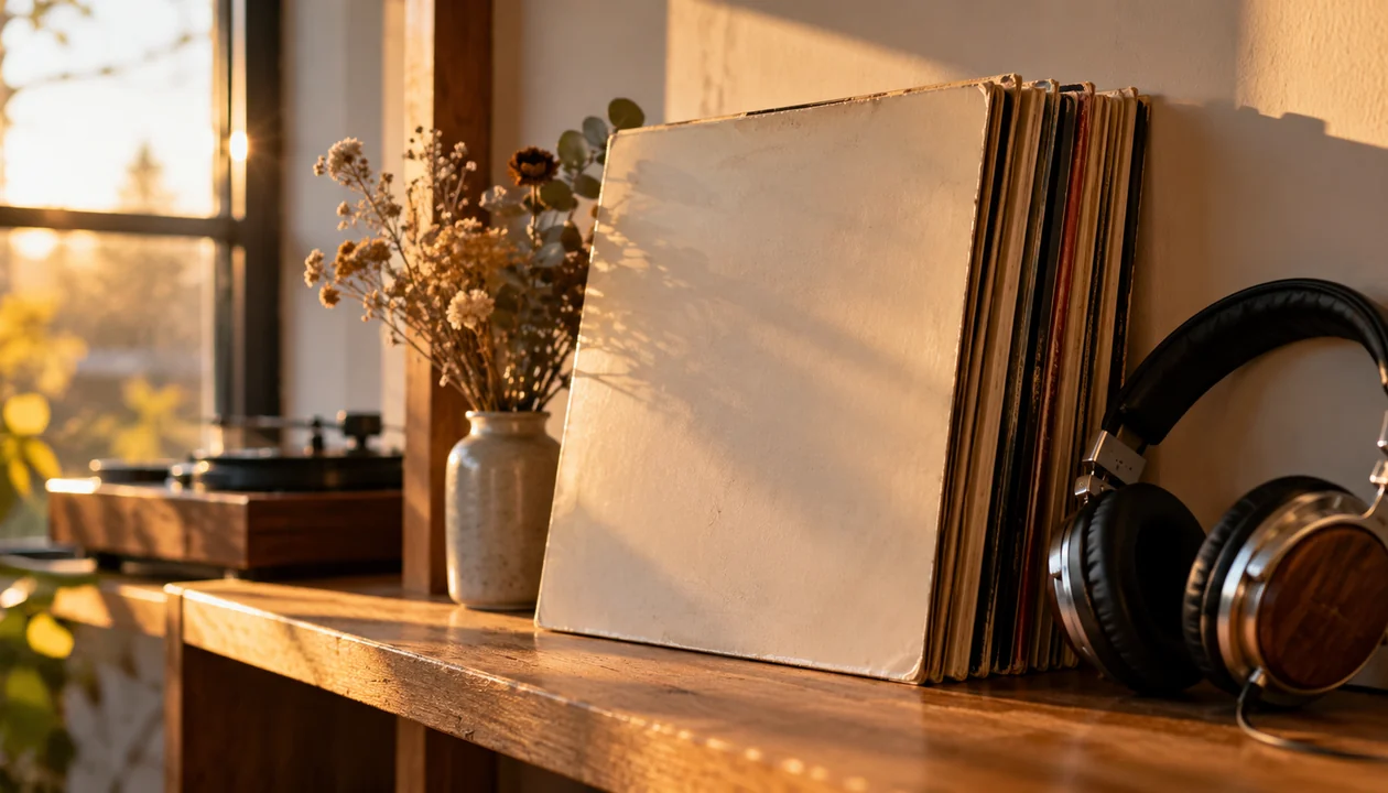 Vintage vinyl records and retro headphones on a wooden shelf