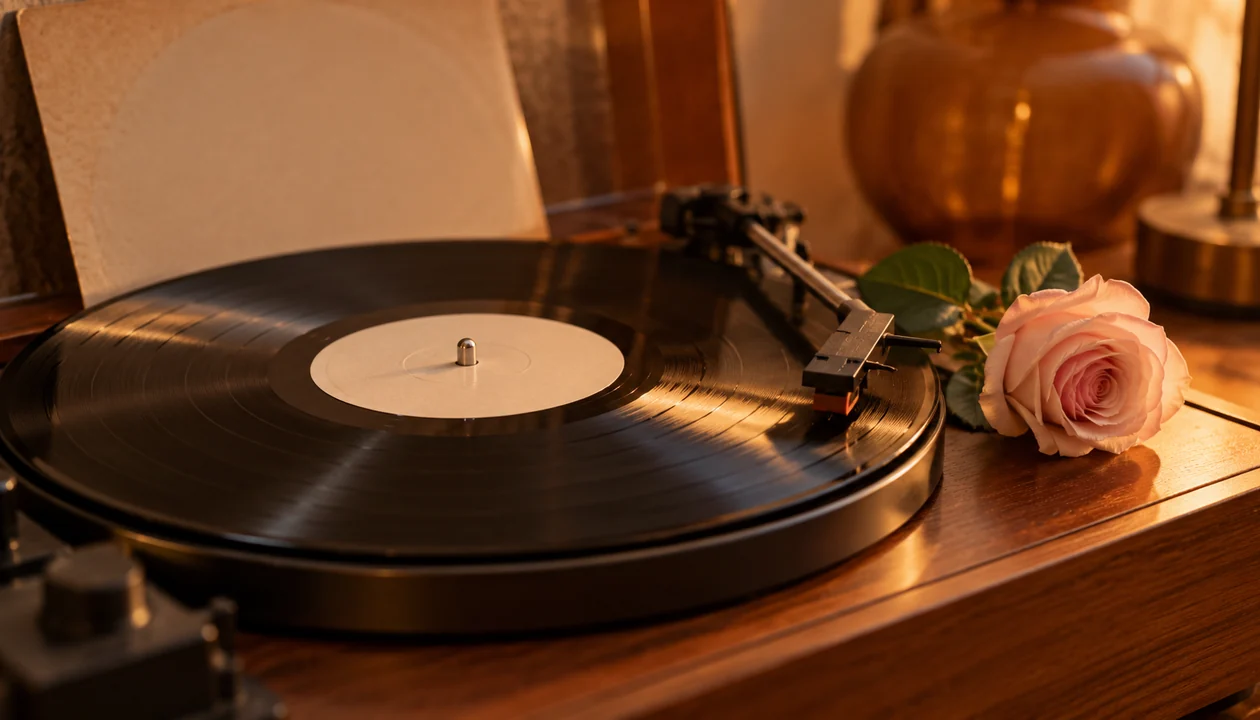 Vinyl record on a vintage turntable with a pale pink rose beside the tonearm