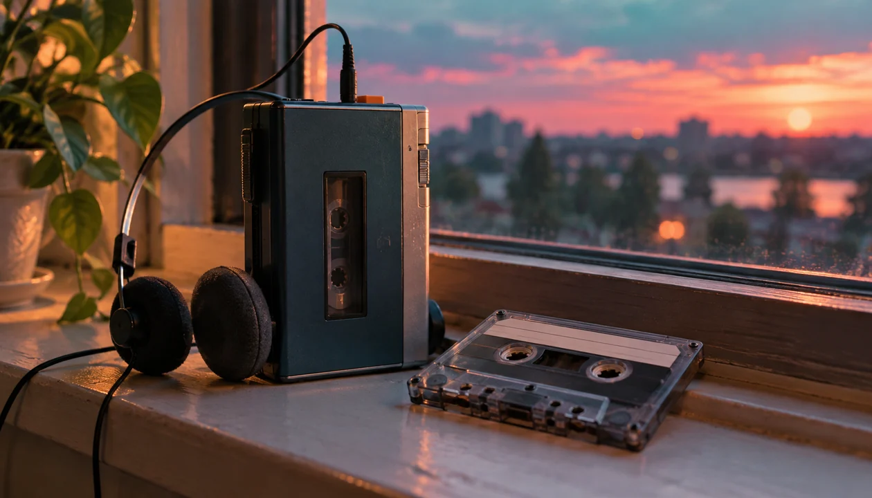 Retro cassette player with headphones and a mixtape on a windowsill