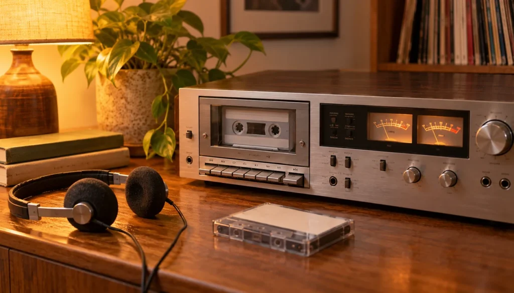 A realistic 1980s cassette deck with a blank cassette and foam headphones