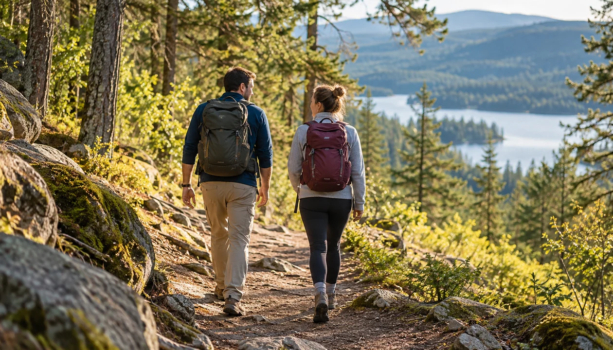 Two adults hiking along a gentle forest trail viewed from behind