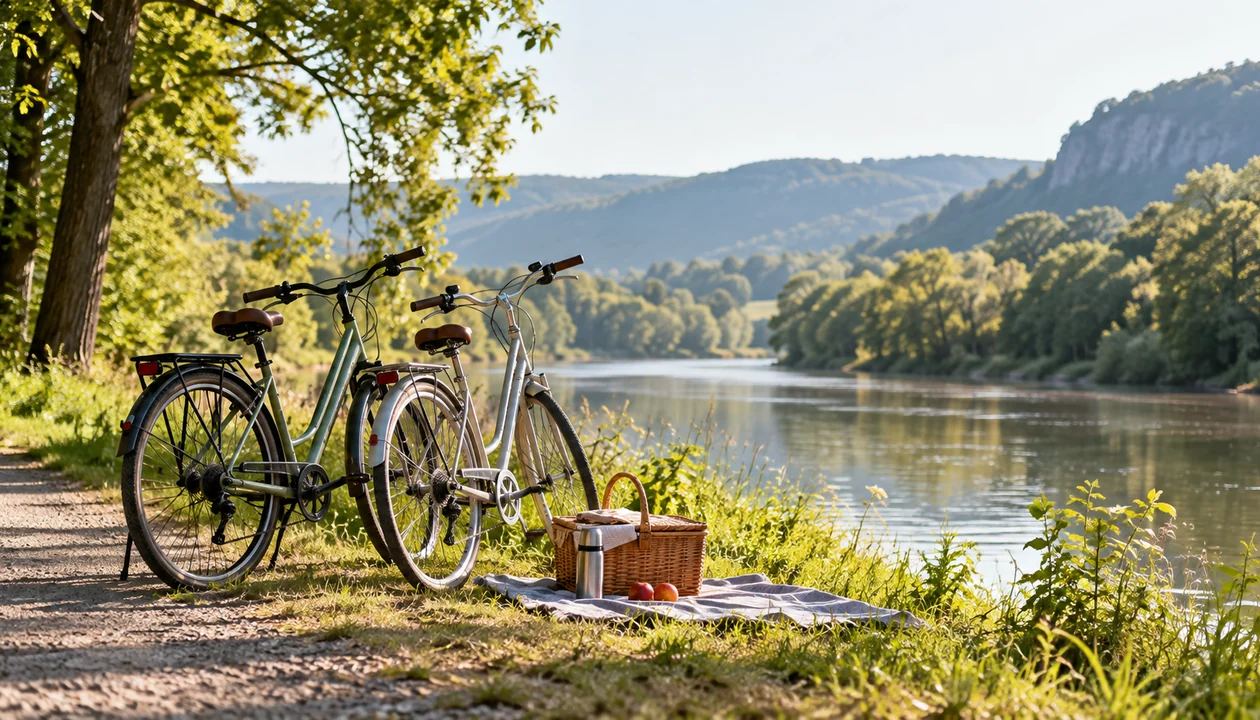 Two bicycles resting beside a river path with a small picnic basket