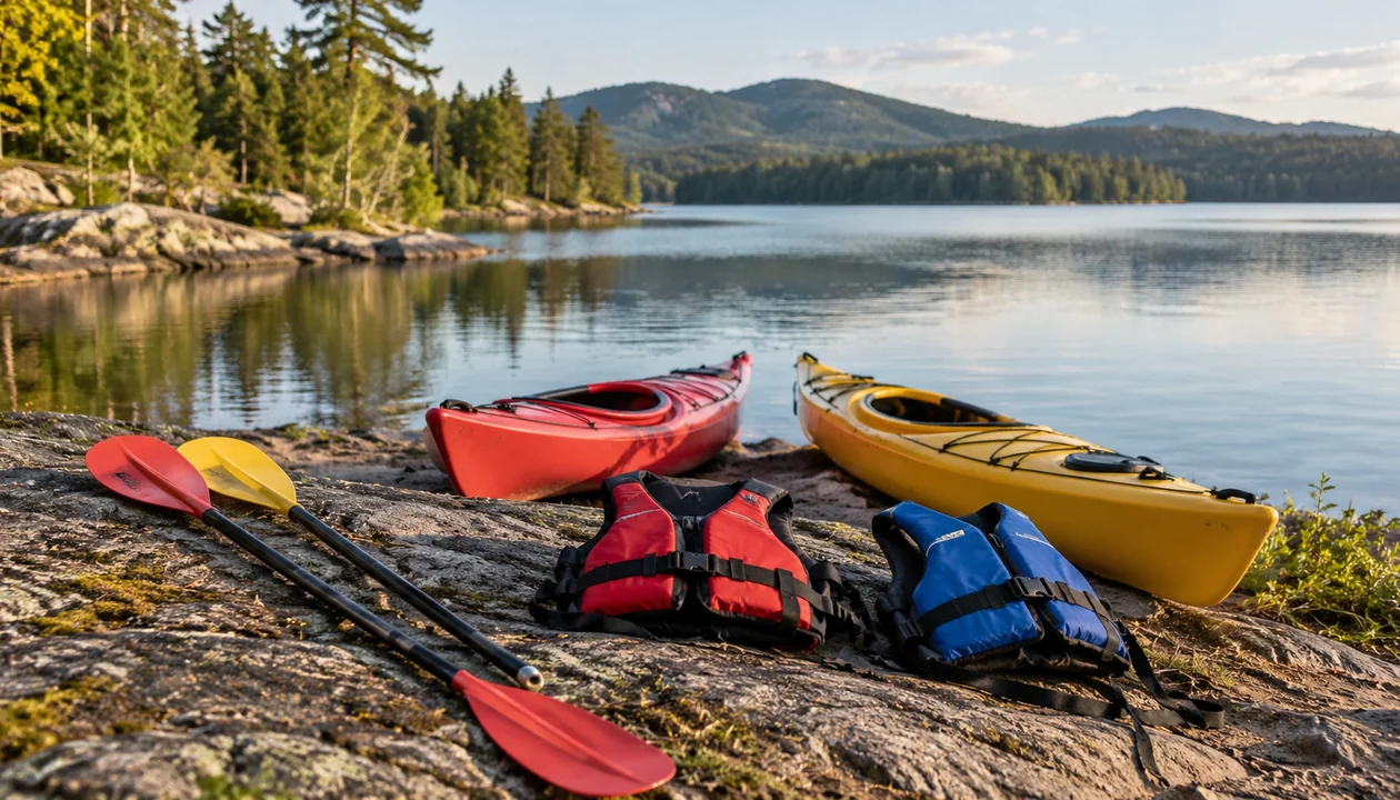 Two kayak paddles and two life jackets beside a calm lakeshore