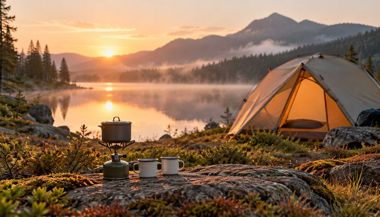 Small tent beside a calm lake at dawn with a camp stove and two mugs