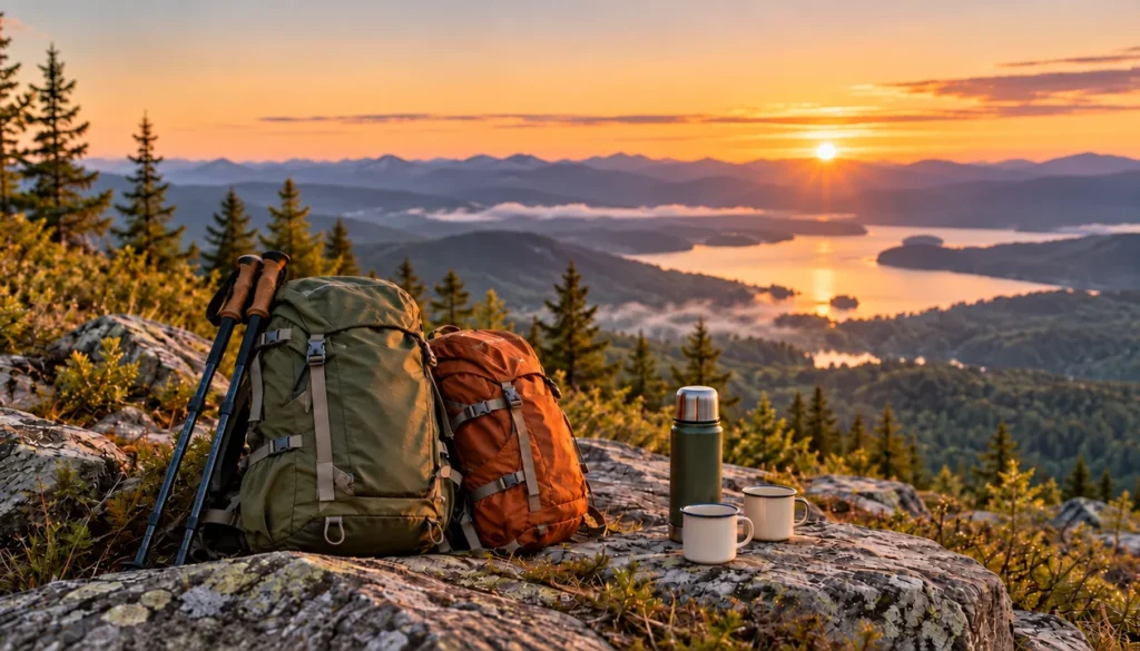 Day packs, trekking poles and two enamel mugs at a mountain overlook at sunrise