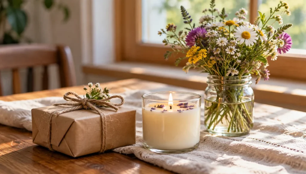 A small kraft-paper gift, a homemade candle and a jar of wildflowers