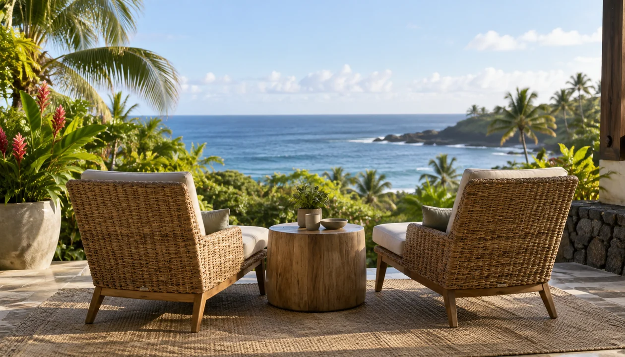 Two empty woven lounge chairs on a simple ocean-facing terrace with lush greenery