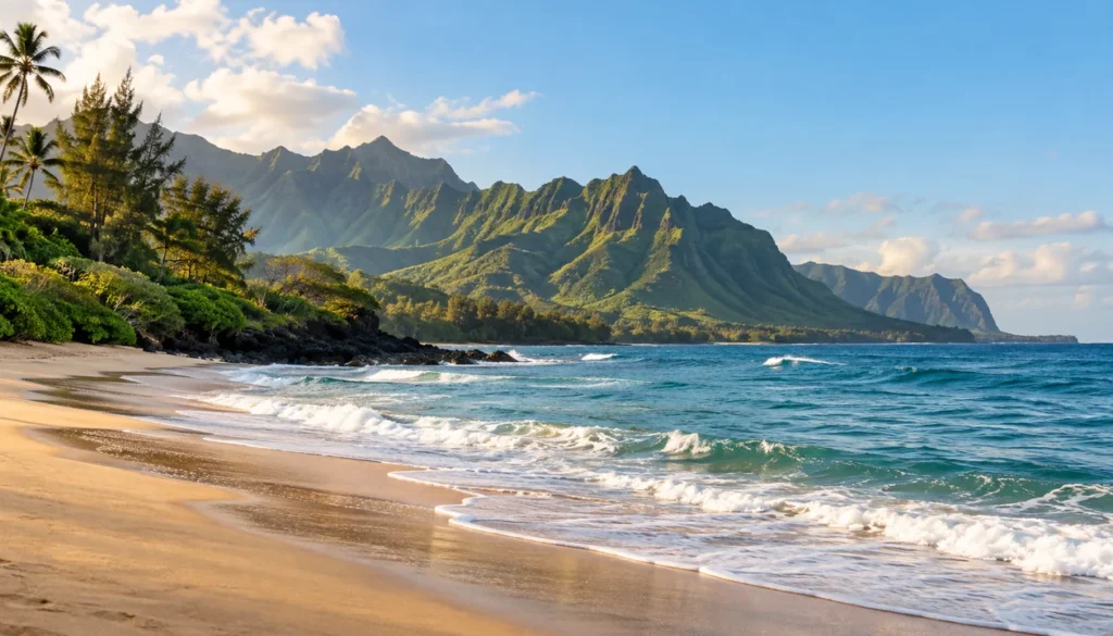 A quiet sandy bay with green ridged mountains in the distance and gentle blue Pacific surf