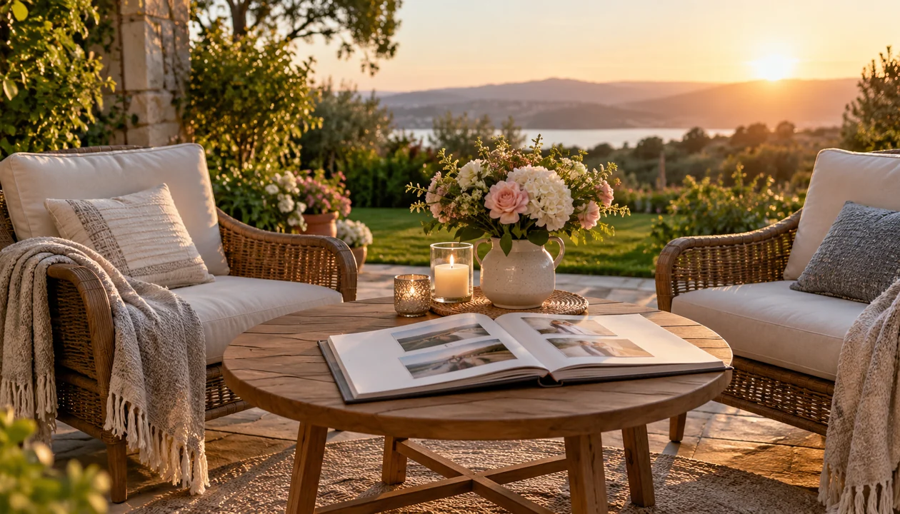 Two comfortable garden chairs beside a photo album and a vase of flowers