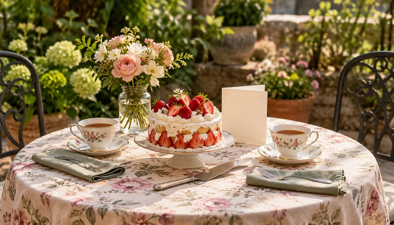 Anniversary cake and tea set on a garden table
