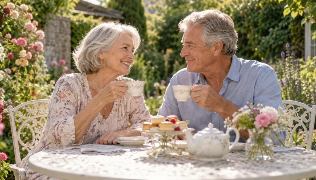 Two older adults smiling over tea in a sunlit garden