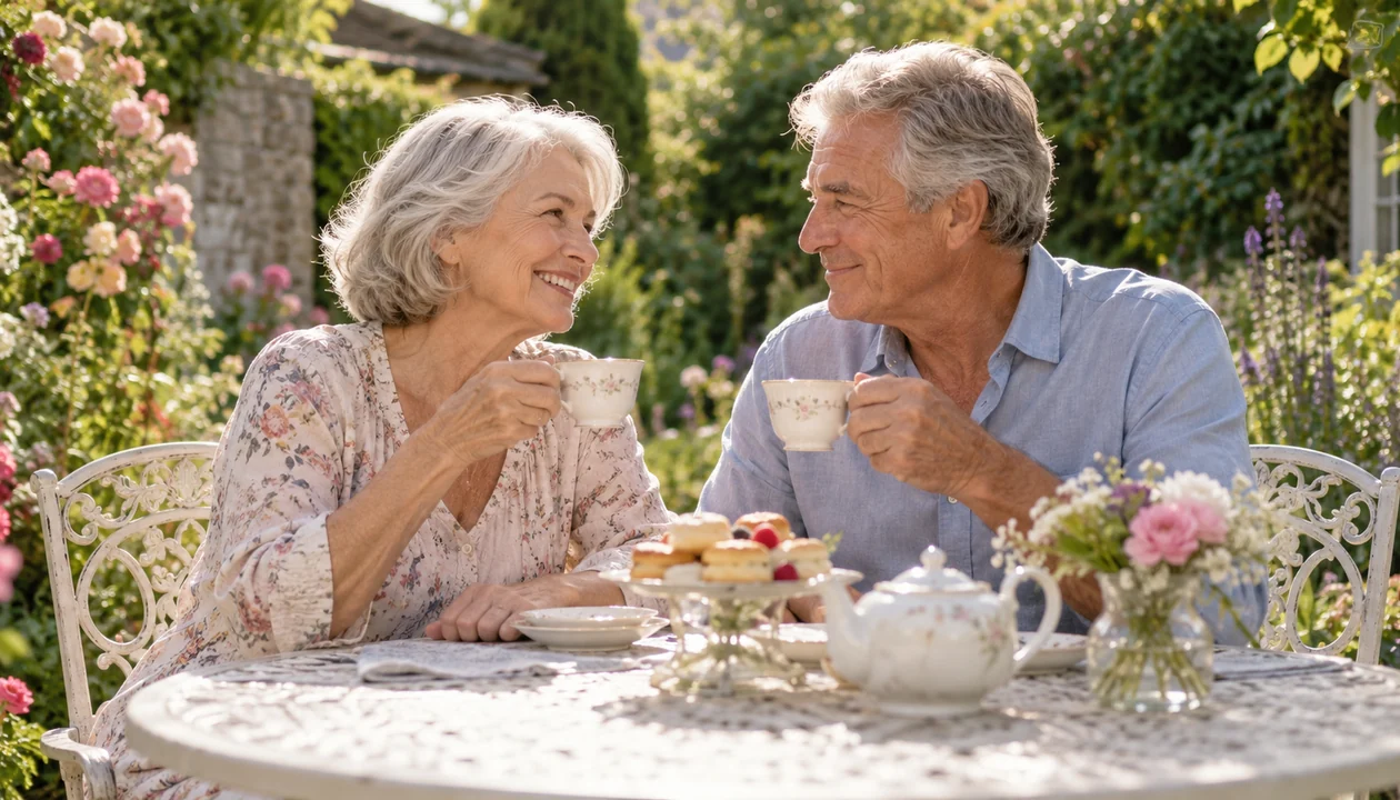Two older adults smiling over tea in a sunlit garden