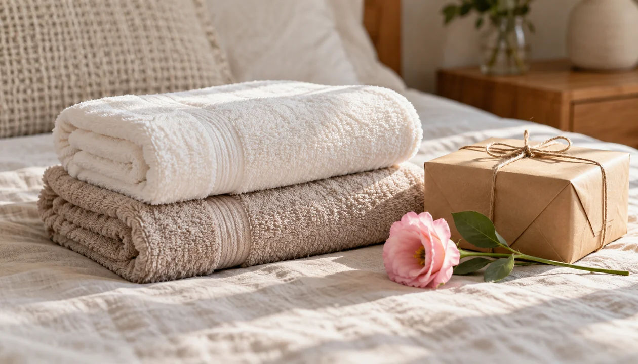 A pair of folded cotton towels beside a plain paper gift and a single flower