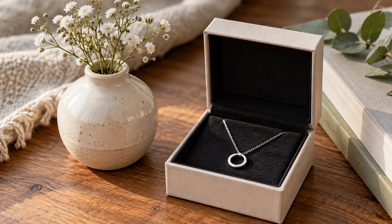 A small ceramic vase and a simple silver pendant in an open gift box