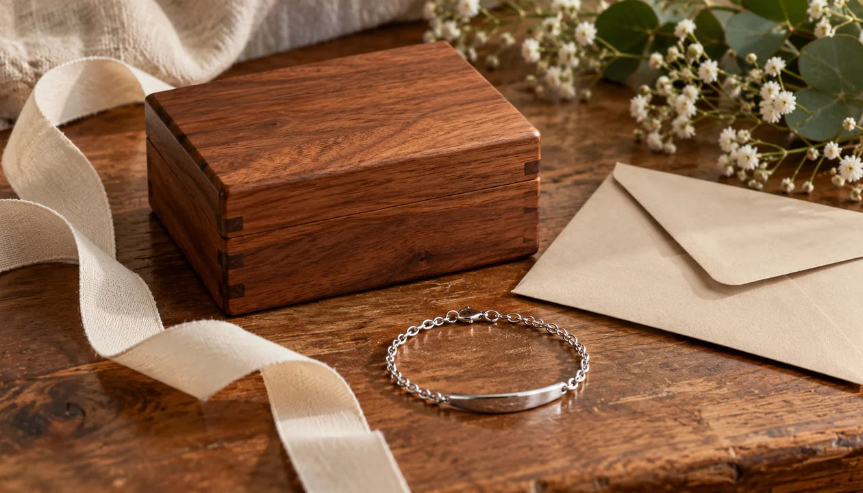 A wooden keepsake box beside a cotton ribbon, a paper envelope and a silver bracelet
