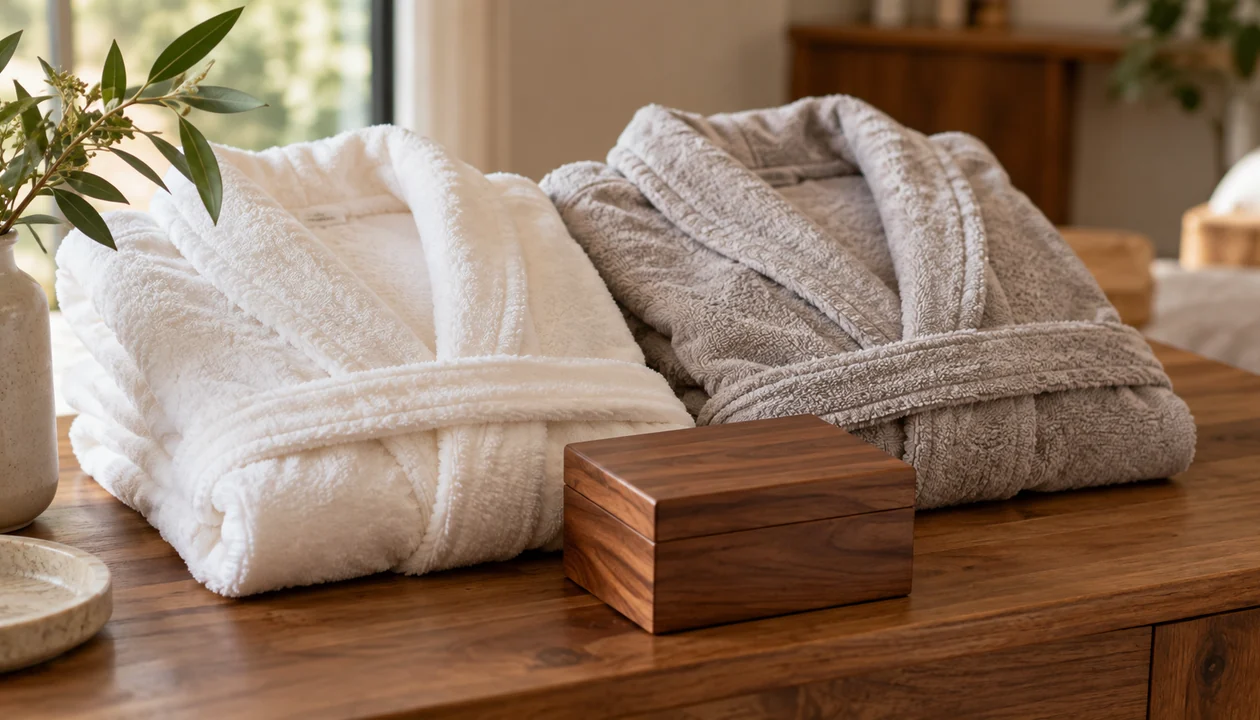 Two cotton bathrobes folded beside a small wooden keepsake box