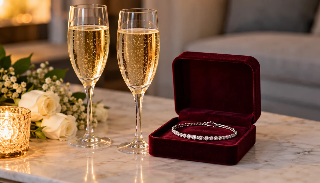 A pair of elegant champagne flutes beside a silver bracelet in an open velvet box
