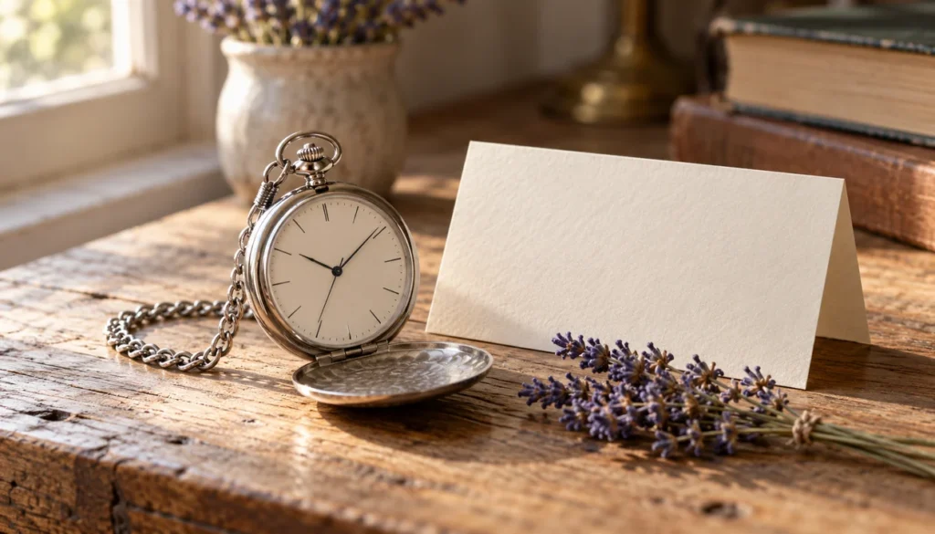 Silver pocket watch beside a blank cream card and dried lavender on an oak table