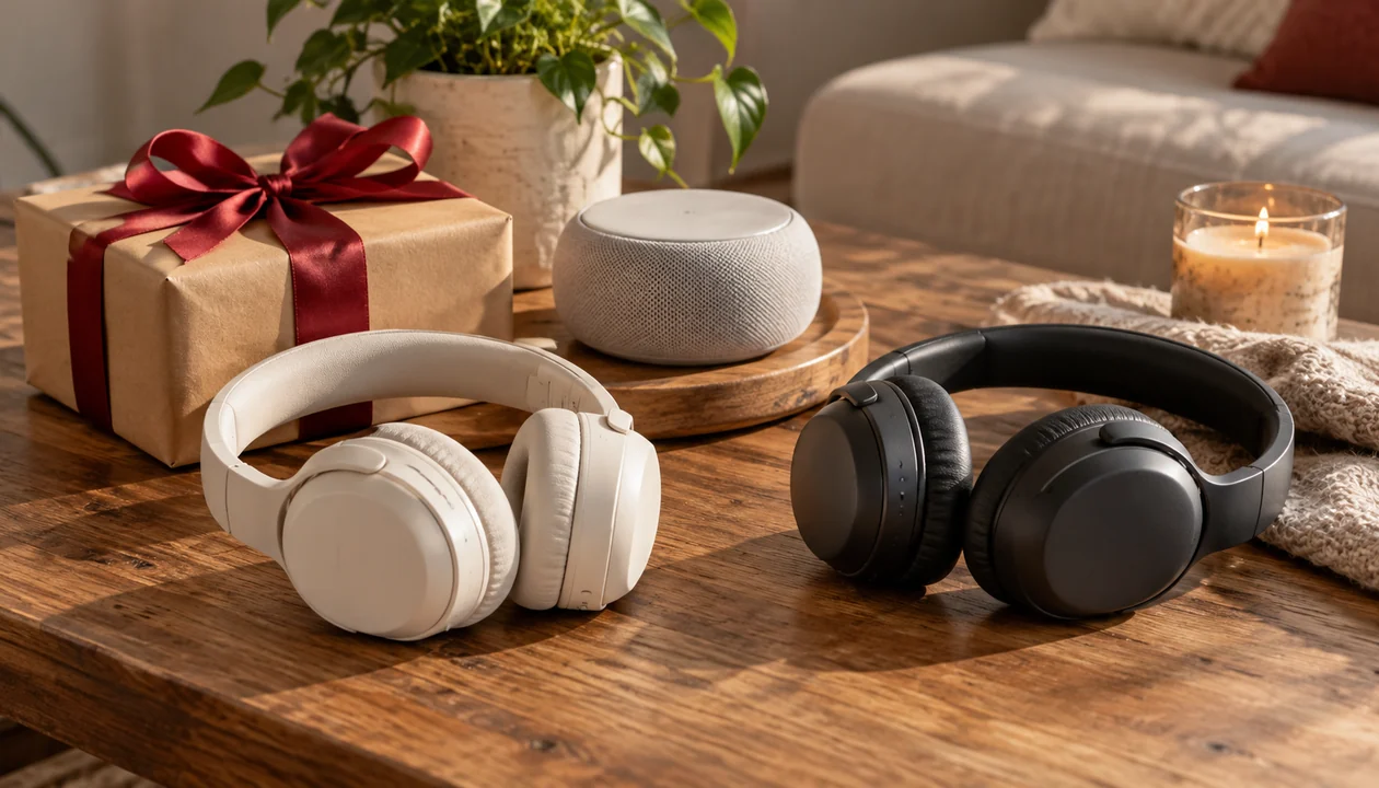 Two compact unbranded headphones beside a small smart speaker and a ribbon-tied gift