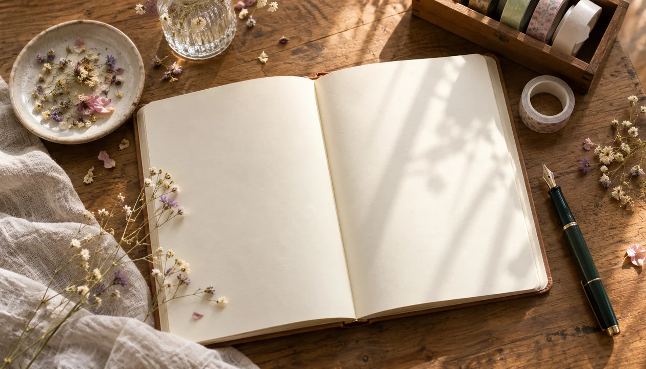 Open scrapbook with dried flowers and a fountain pen