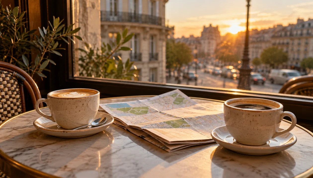 Two coffee cups on a cafe table by a window with a folded map