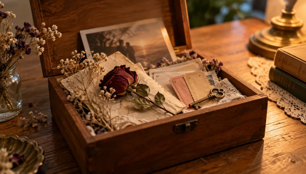 Memory box with a pressed rose, ticket stubs and a small brass key