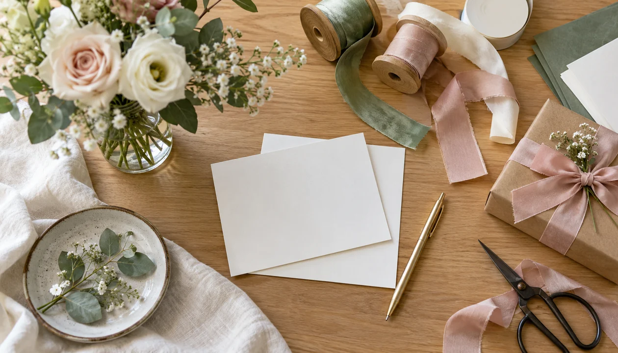 A tidy planning desk with blank cards, ribbon samples and a small flower arrangement