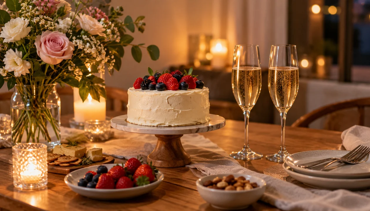 A simple celebration buffet with a small cake and glasses beside flowers