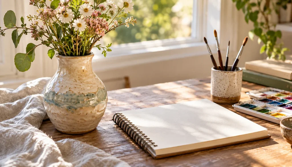 A handmade ceramic vase beside a blank sketchbook and watercolor brushes