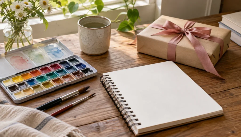 A watercolor set, two paintbrushes and a blank sketchbook beside a ribbon-tied gift