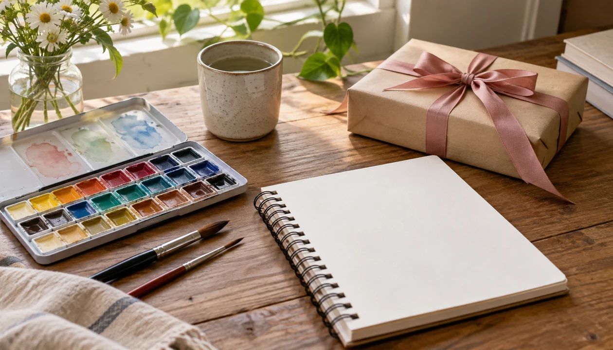A watercolor set, two paintbrushes and a blank sketchbook beside a ribbon-tied gift