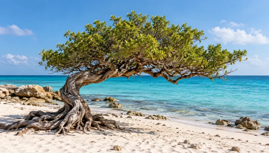 A wind-shaped coastal tree on white sand beside clear turquoise water