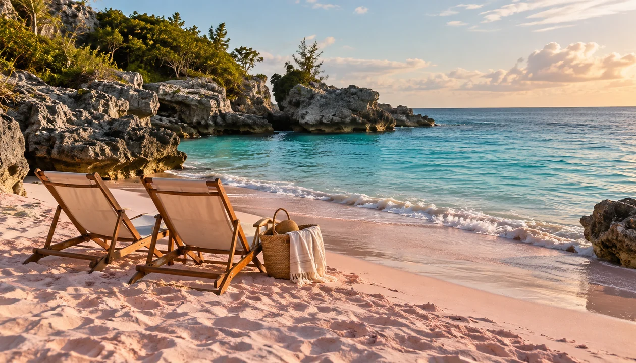 Two empty beach chairs beside a small basket on pale pink sand and turquoise water