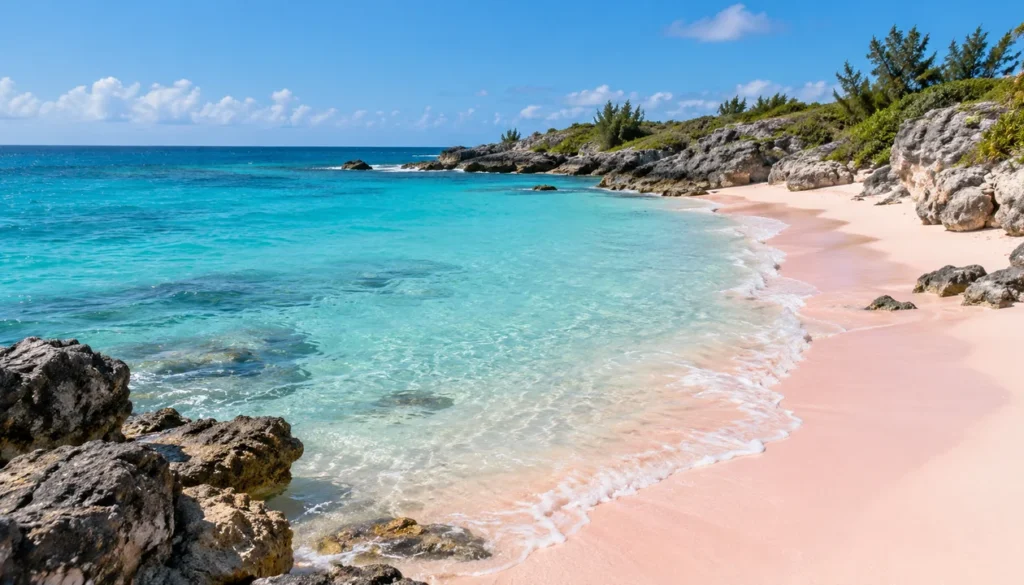 A curving pale pink sand beach bordered by low limestone rocks and clear turquoise Atlantic water