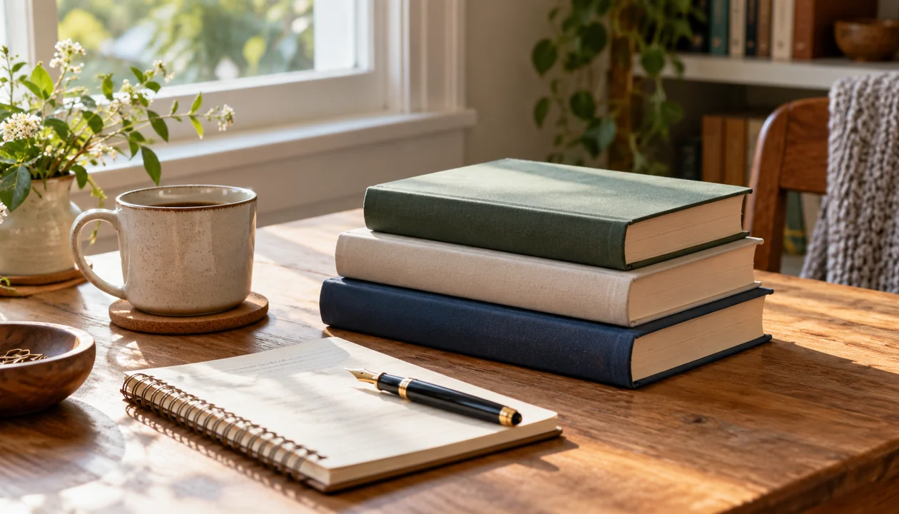 A real writing desk with three closed unmarked novels, a fountain pen and a small notebook